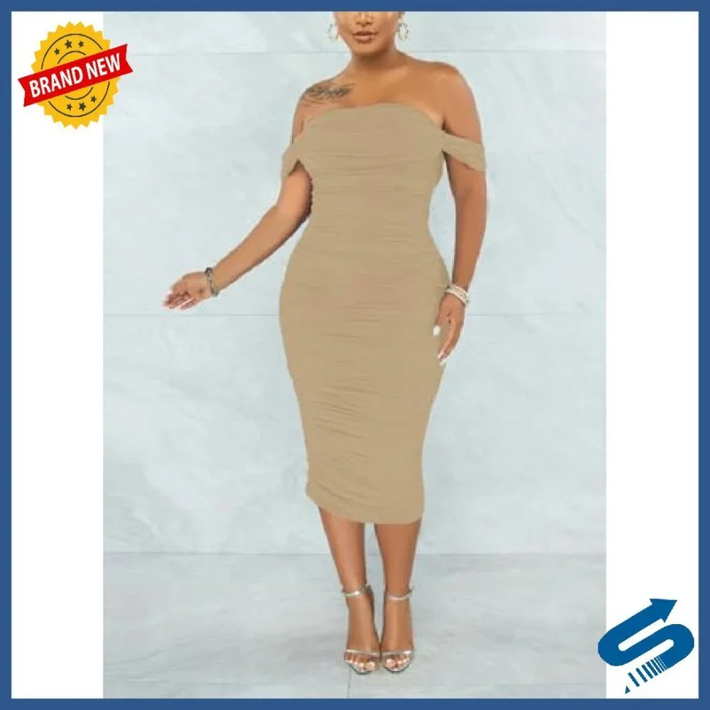 Off Shoulder Ruched Bodycon Midi Dress Cocktail Party Night Out - Picture 4 of 7